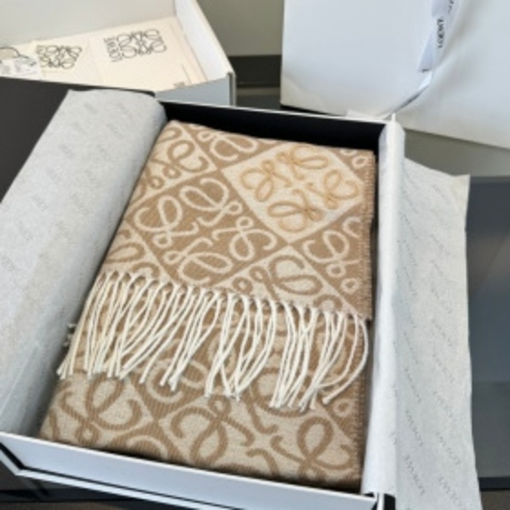 🤎Loewe🤎Two‑Tone Cream Camel Tassel Wool Wrap Scarf
